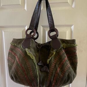 Maxx New York Hobo satchel leather suede olive green brown strap & embro…